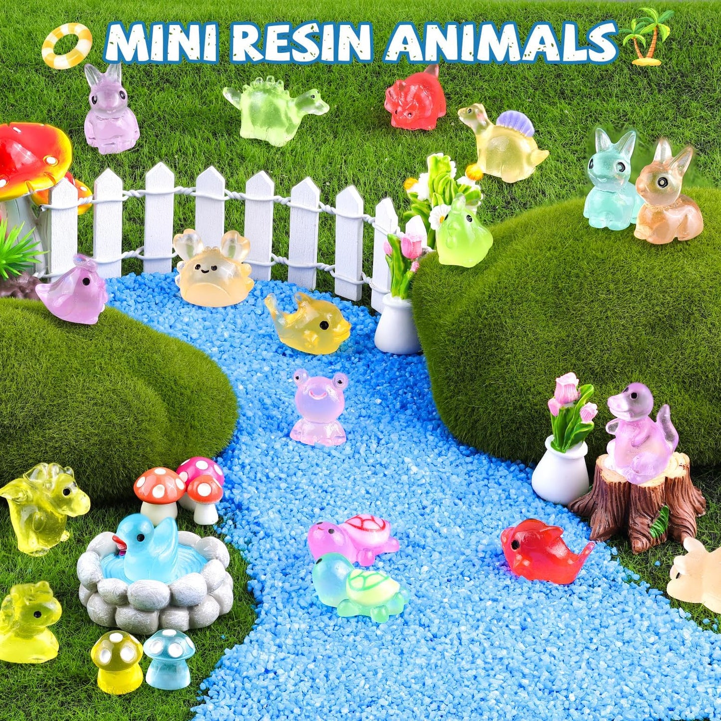 100PCS Mini Resin Animals Tiny Cute Figurines Glow in Dark, Miniature Figures to Hide, Little Animal Toys Small Accessories for Topper Desk Garden Dollhouse Landscape Aquarium Ornaments Crafts & Decor