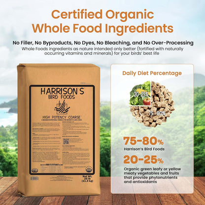 Harrison's Bird Foods High Potency Coarse—Maximum Nutritional Formula for Medium to Large Birds, Certified Organic Non-GMO Pet Bird Food, Vet-Developed, Suitable for All Life Stages, 11.3 kg/ 25 lb