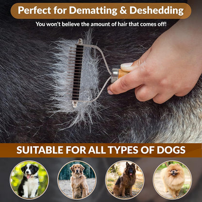 Pet Dematting Comb for Dogs and Cats with Wood Handle, Deshedding Undercoat Rake for Dogs with Stainless Steel Blades, Dog Comb for Detangling Thinning and Shedding, All Hair Types [We Love Doodles]