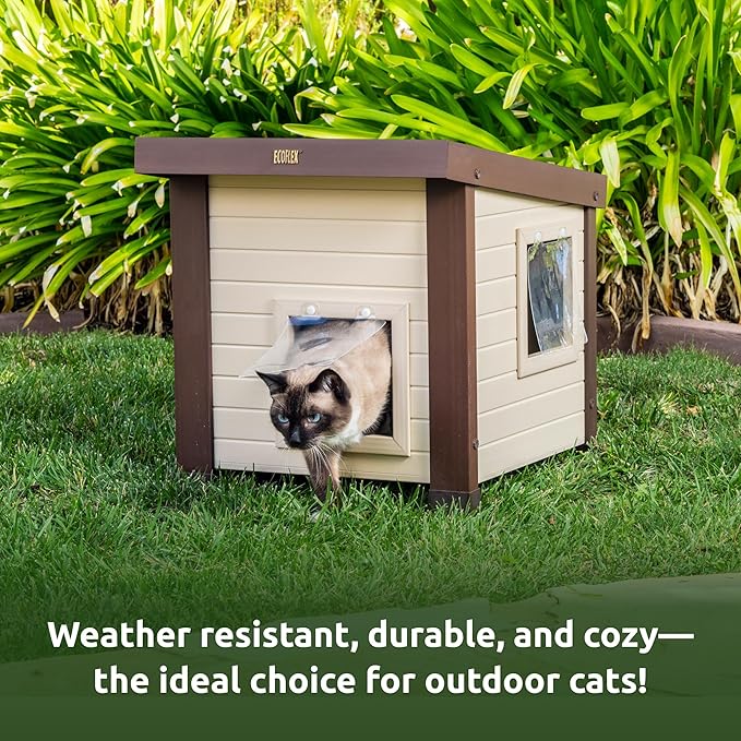 New Age Pet ECOFLEX Outdoor Cat House - Durable, Ventilated, Dual Entry, Easy Assembly, Elevated Floor, Heated Pad Compatible, 10-Year Warranty, for Multiple Cats, Maple/Brown