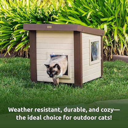 New Age Pet ECOFLEX Outdoor Cat House - Durable, Ventilated, Dual Entry, Easy Assembly, Elevated Floor, Heated Pad Compatible, 10-Year Warranty, for Multiple Cats, Maple/Brown