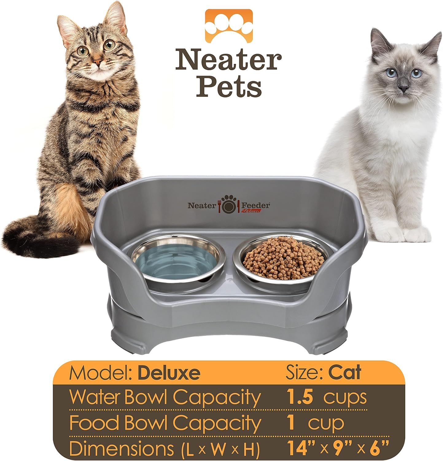 Neater Feeder Deluxe Mess Proof Cat Bowls Elevated for All Breeds – Made in USA – No Spill Raised Bowls for Indoor Cats – Stainless Steel Food and Water Bowl Set, Pet Dish Feeding Station, Grey