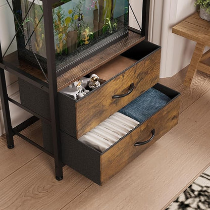 10 Gallon Aquarium Stand with 2-Tier Shelf Fish Tanks Stand with 2 Drawers Metal Frame Heavy Duty Reptile TurtleTank Stand with Storage for Home Offic Fish Tank Accessories Storage, Brown