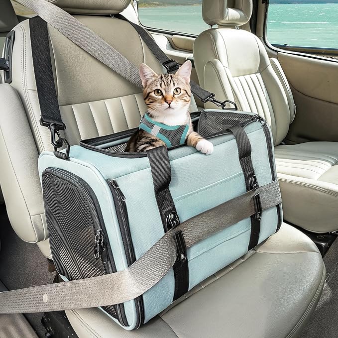 PETSFIT Cat Car Carrier for Small/Medium Cats Dogs, 18"x11"x11" Airline Approved Cat Carrier, with Patent Safety Buckles and Escape-Proof Zipper - Safeguarding Car Travel, Airplane, Vet, Outdoor