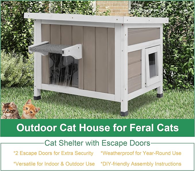 Outdoor Cat House for Feral Cats Weatherproof Cat Shelter Wooden Pet Small Houses Indoor Cat Condo with Escape Door & Openable Asphalt Roof to Enhanced Safety, Simple Assembly