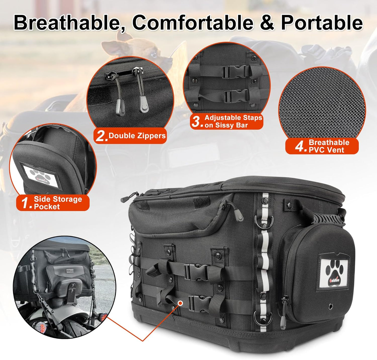 Goldfire Motorcycle Dog/Cat Carrier, Portable Pet Carrier Voyagers Dog Carrier Crate for Street Glide Road King with Luggage Rack or Sissy Bar UTV ATV Touring Trike Models(Black)