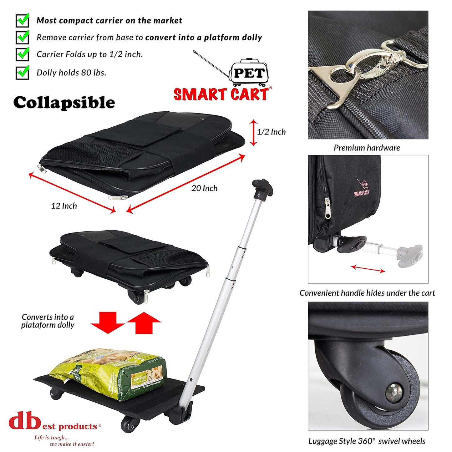 dbest products Smart Cart Pet Carrier with Wheels, Airline Approved Dog and Cat Carrier with Telescoping Handle, 21x12x12in, 24 lb Capacity, Black