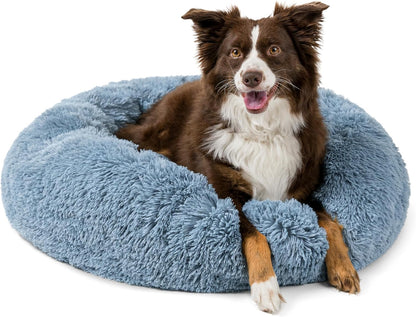 PetAmi Calming Dog Bed for Small Medium Dog Cat, Round Donut Washable, Fluffy Faux Fur Plush Cuddler Pet Kitten Cushion, Anti-Slip, Fits up to 45 lbs, 30 inch, Dusty Blue