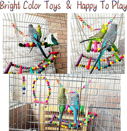 Bird Parakeet Cockatiel Toys, ESRISE Birds Cage Accessories Swing Climbing Ladders Wooden Perch Toy for Conures Finche Budgies Lovebird Parrot