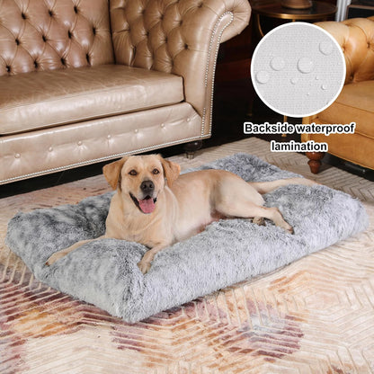 Bedfolks Waterproof Crate Bed, Plush Dog Kennel Pad with Removable Washable Cover, Faux Fur, Fluffy, 41"x27", Dark Grey