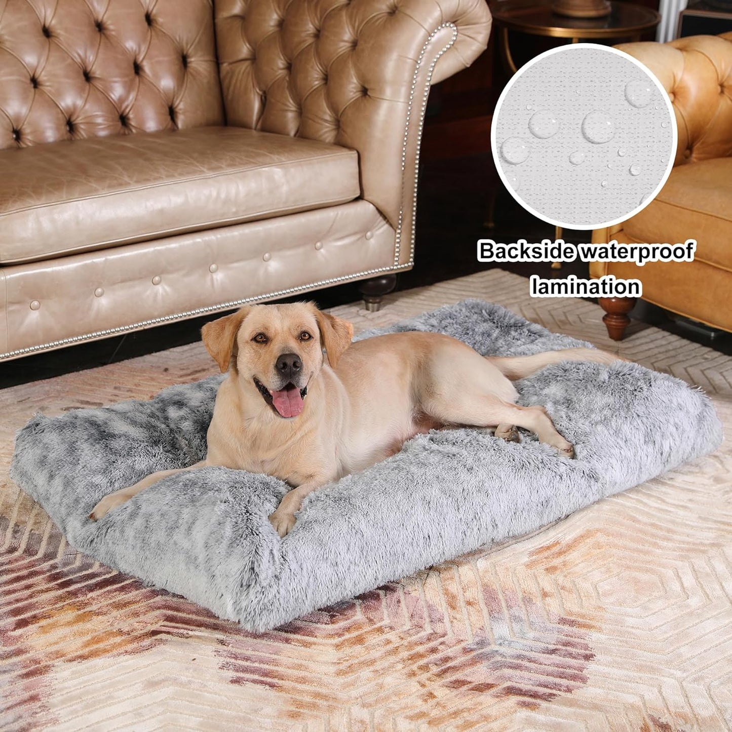 Bedfolks Waterproof Kennel Pad - Plush Dog Bed, XXL Crate Bed 47"x29", Washable Dark Grey Faux Fur Cover