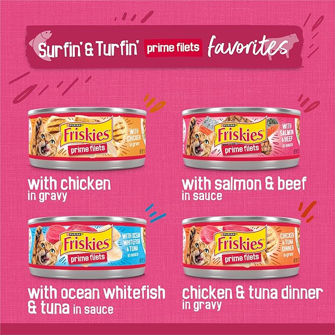 Purina Friskies Gravy Wet Cat Food Variety Pack, Surfin’ and Turfin’ Prime Filets Favorites - 48 ct. Can