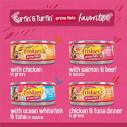 Purina Friskies Gravy Wet Cat Food Variety Pack, Surfin’ and Turfin’ Prime Filets Favorites - 48 ct. Can