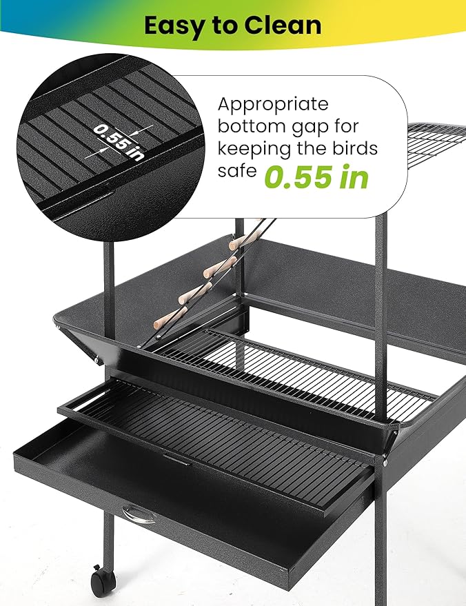 64'' H Inch Birdcage Stand Play Center with Perches and Ladders, Indoor Outdoor Playground for Birds, Bird Playstand w/Rotated Ring Removable Tray, Lockable Caster,Black, for Macaw and Parakeet