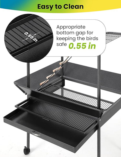 64'' H Inch Birdcage Stand Play Center with Perches and Ladders, Indoor Outdoor Playground for Birds, Bird Playstand w/Rotated Ring Removable Tray, Lockable Caster,Black, for Macaw and Parakeet