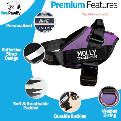 PawPawify Custom No Pull Dog Harness with Name and Phone Number, Heavy Duty Personalized Pet Vest to Prevent Tugging, Pulling, or Choking, Training and Walking (Purple, L (Chest 23-30in))