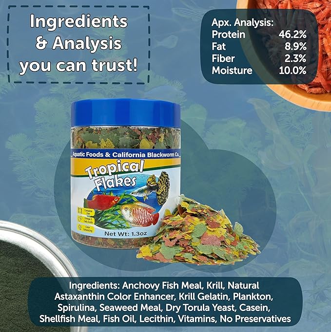 Aquatic Foods Inc. Premium Tropical Fish Flakes, for Angel Fish, Guppies, Live Bearers, Loaches, Gouramis, Cichlids, All Tropical Fish. 12-Type pellets and 4-Type Wafers Included..1.30oz Canister