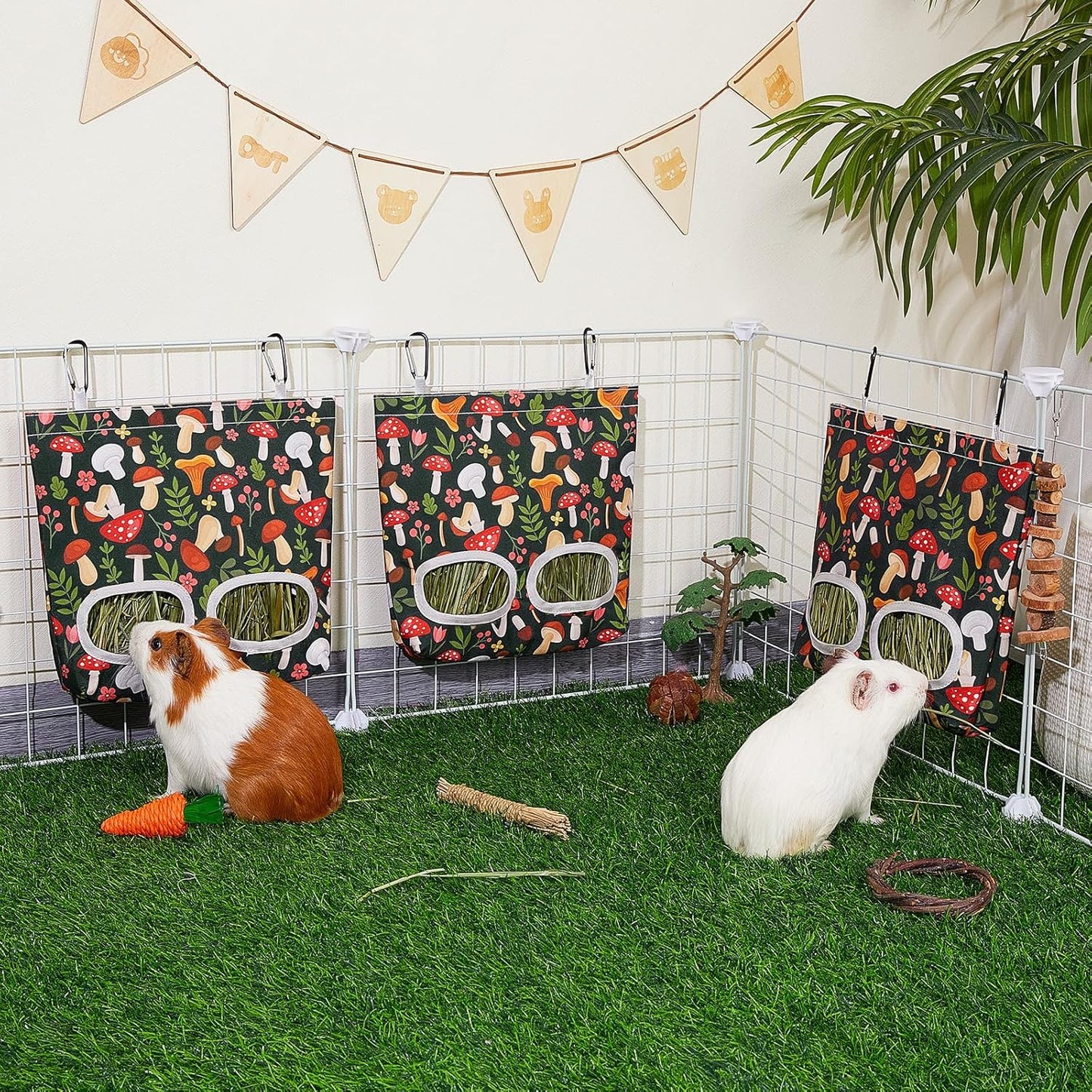 Glittme 3 Pack Guinea Pig Hay Feeder, 11.5x9 Inch Hay Bag for Rabbits, Hanging Hay Holder for Guinea Pigs Cage Hay Feeder for Bunny, Small Pets,Green Mushroom