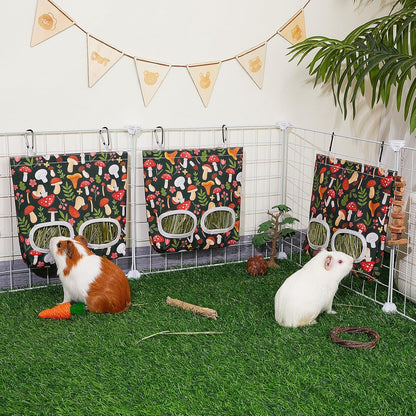 Glittme 3 Pack Guinea Pig Hay Feeder, 11.5x9 Inch Hay Bag for Rabbits, Hanging Hay Holder for Guinea Pigs Cage Hay Feeder for Bunny, Small Pets,Green Mushroom