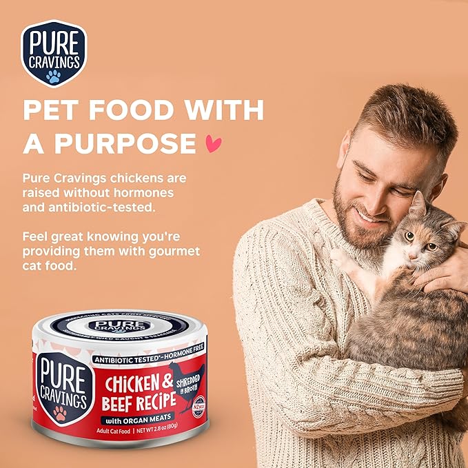 Pure Cravings Chicken and Beef Recipe in Broth, Shredded Wet Cat Food, Grain-Free Protein, Non-GMO, 12 Pack
