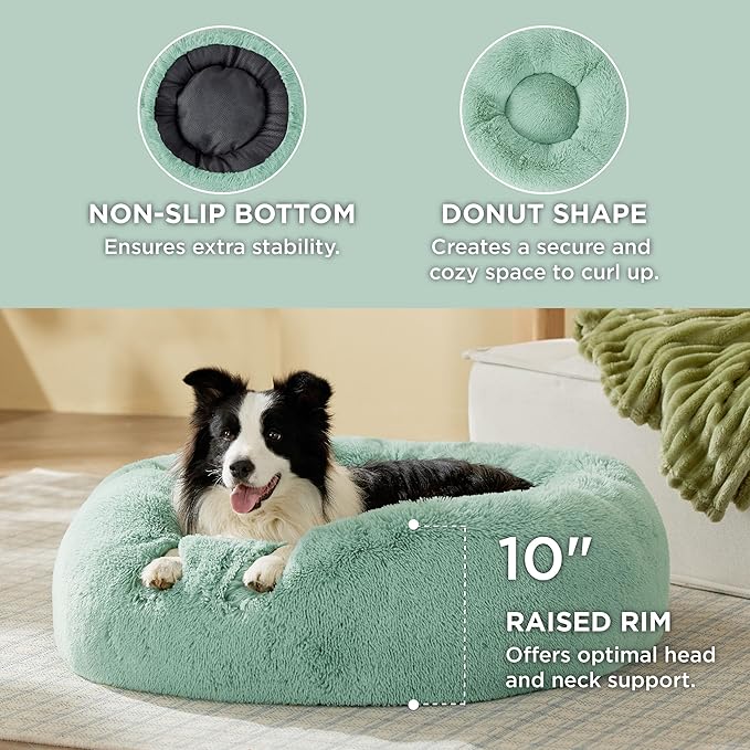 Bedsure Calming Dog Bed for Large Dogs - Donut Washable Large Pet Bed, 36 inches Anti-Slip Round Fluffy Plush Faux Fur Dog Bed, Fits up to 80 lbs Pets, Apple Green