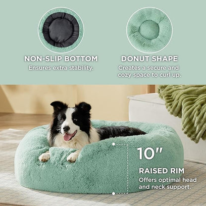 Bedsure Calming Dog Bed for Large Dogs - Donut Washable Large Pet Bed, 36 inches Anti-Slip Round Fluffy Plush Faux Fur Dog Bed, Fits up to 80 lbs Pets, Apple Green