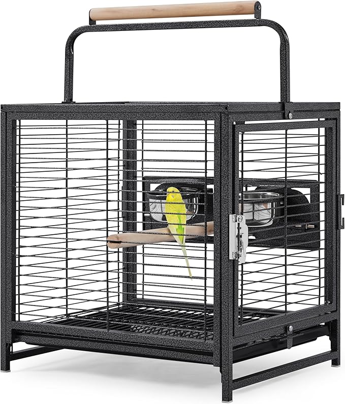 Yaheetech 25.5'' Wrought Iron Bird Travel Carrier Cage Parrot Cage with Handle Wooden Perch & Seed Guard for Small Parrots Canaries Budgies Parrotlets Lovebirds Conures Cockatiels