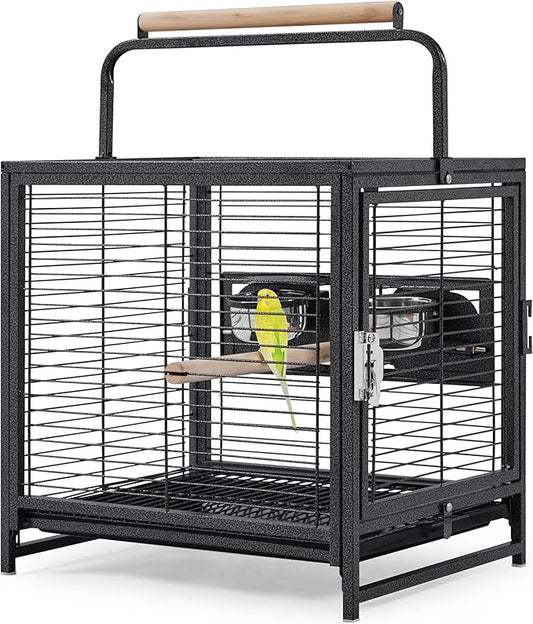 Yaheetech 25.5'' Wrought Iron Bird Travel Carrier Cage Parrot Cage with Handle Wooden Perch & Seed Guard for Small Parrots Canaries Budgies Parrotlets Lovebirds Conures Cockatiels