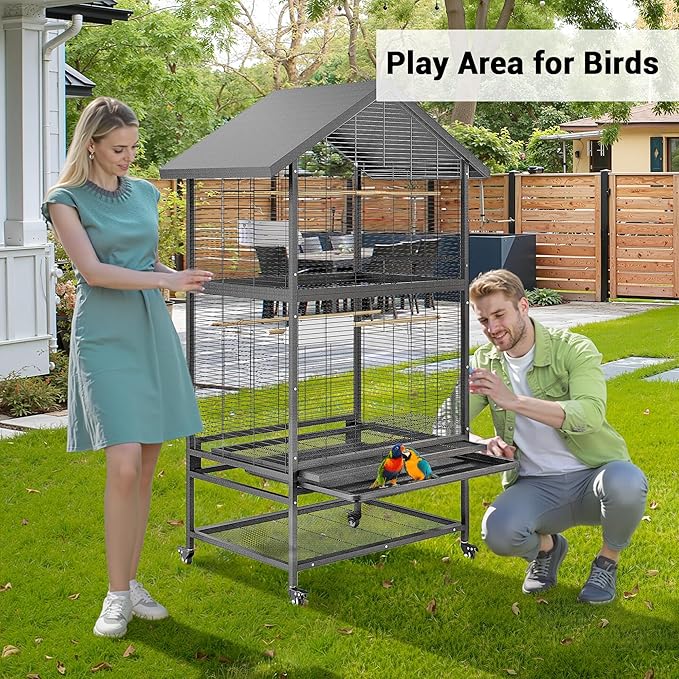 65.7" Large Double Parrot Cage, Bird Cage with Rolling Stand, 4 Perches & Bowls, Outdoor Bird Flight Cages for Parakeets, Conures, Cockatoos, Canaries, Lovebirds - Black