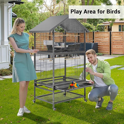 65.7" Large Double Parrot Cage, Bird Cage with Rolling Stand, 4 Perches & Bowls, Outdoor Bird Flight Cages for Parakeets, Conures, Cockatoos, Canaries, Lovebirds - Black