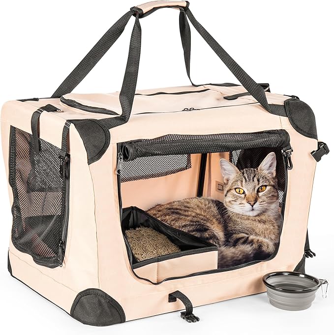 Large Cat Carrier Soft-Sided Travel Carrier - Fits 2 Cats or Small Dog, Portable Foldable Design with Litter Box, Bowl & Fleece Pad, 24” x 16.5” x 16.5”