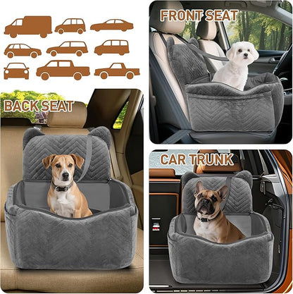 Dog Car Seat for Small Medium Dog up to 30 lbs with Waterproof PU Cover Pet Car Booster Seat with Memory Foam for Travel, Grey, 2 Safety Belt