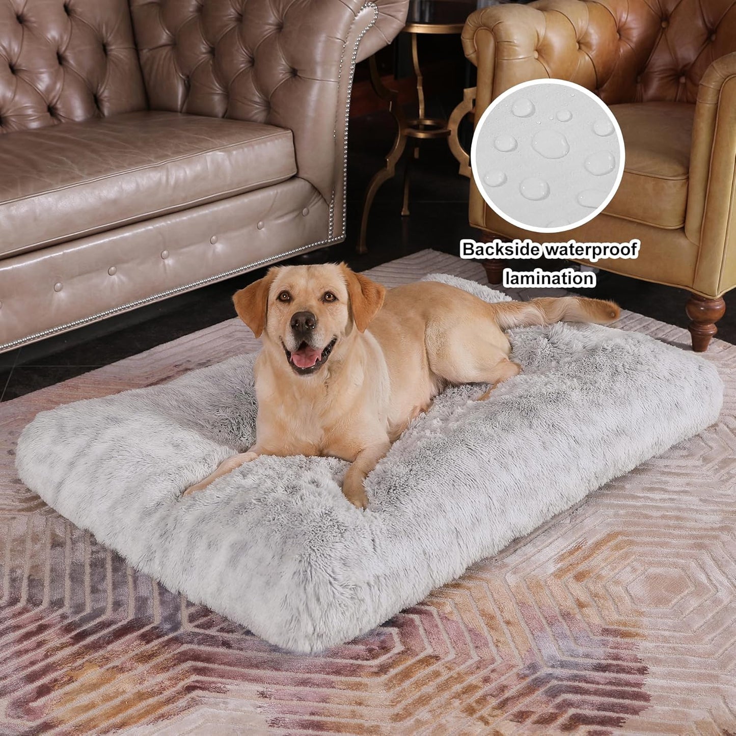 Bedfolks Plush Dog Crate Bed, Waterproof & Washable Faux Fur Pad for Extra Large Dogs, Grey, 41"x27"