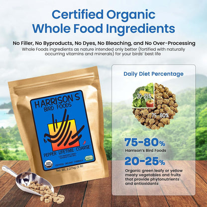 Harrison's Bird Foods Pepper Lifetime Coarse - Certified Organic, Non-GMO Formula for Medium to Large Birds - Premium, Nutrition for Long-Term Health, Vitality & Wellness - 5 lb Bag