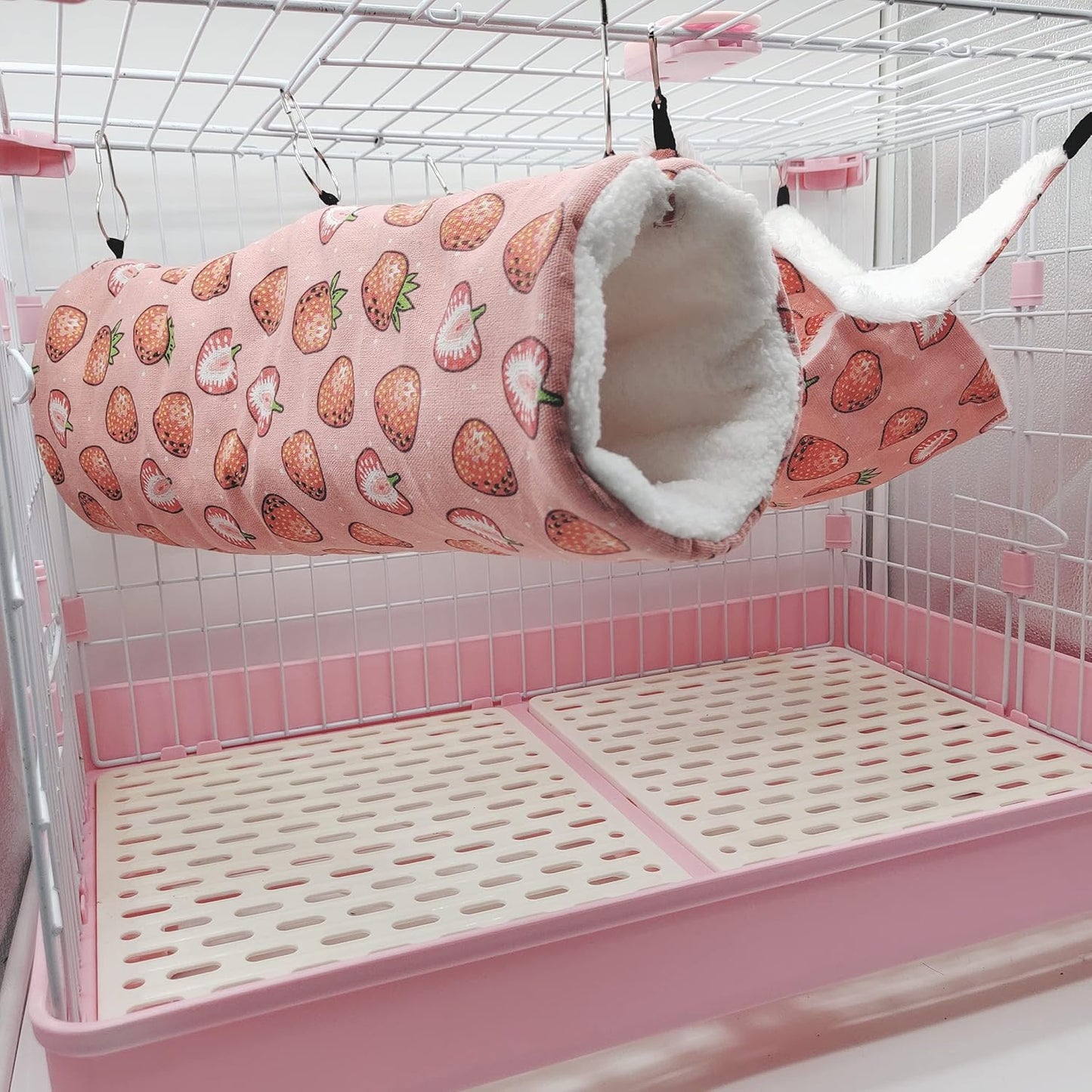 LEFTSTARER Pet Small Animal Hanging Hammock Ferret Bunkbed Hammock Cage Toy for Hamster Rat Sugar Glider Parrot Guinea Pig Hideout Play Sleep (Strawberry Hammock and Tunnel)