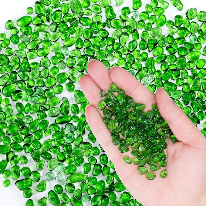 Meschett Colorful Glass Stones, 1 LB Fish Tank Gravel, Small Irregular Rainbow Aquarium Gravel for Aquarium Decorations and Turtle Tank, Sea Glass Beads Crystals for Fish Bowl, Vase Filler,Green