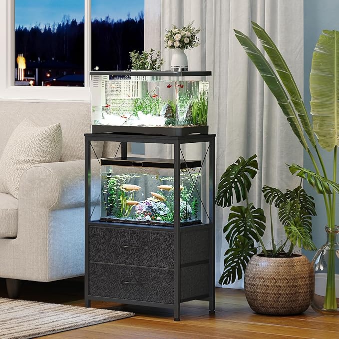 Aquarium Stand 10 Gallon with 2-Tier Shelf, Fish Tanks Stand with 2 Drawers, Metal Frame Heavy Duty Reptile/Turtle Tank Stand for Home Office, Fish Tanks Accessories Storage, Black