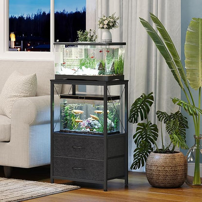 Aquarium Stand 10 Gallon with 2-Tier Shelf, Fish Tanks Stand with 2 Drawers, Metal Frame Heavy Duty Reptile/Turtle Tank Stand for Home Office, Fish Tanks Accessories Storage, Black