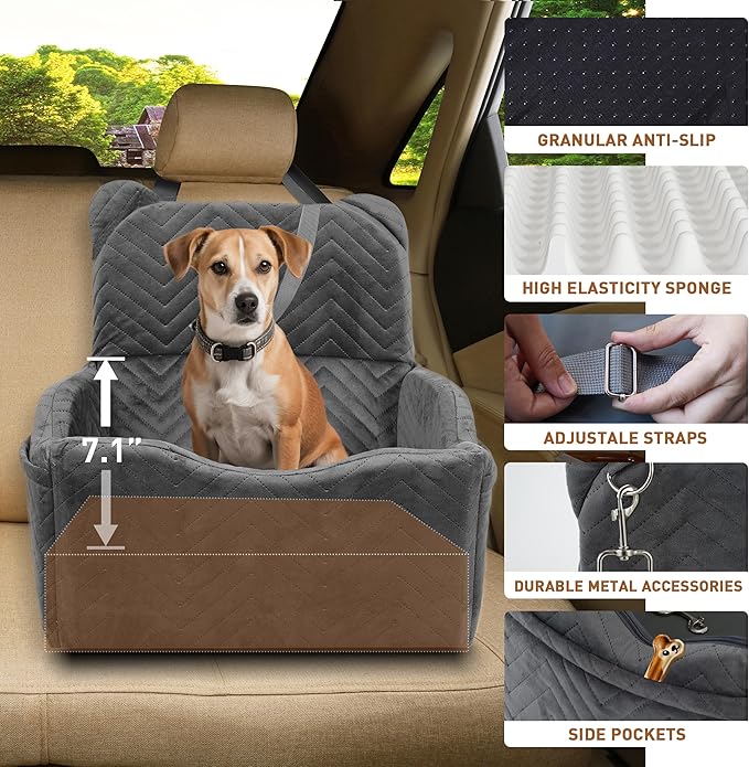 Dog Car Seat Booster with Waterproof Cover, Memory Foam, Small/Medium Dog Bed for Car Back Seat for Travel, 2 Safety Belt