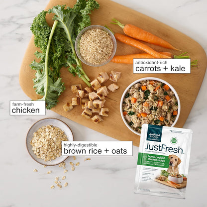 JustFoodForDogs JustFresh Wet Dog Food, Fresh Pet Meals and Toppers with No Preservatives, Resealable Package, Human Grade, Home-Cooked Chicken, 12 oz - 7 Pack