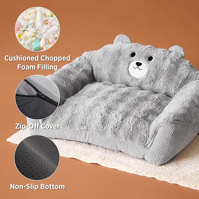 LE SURE Cute Cat Couch for Pets - Fluffy Original Bear Design Cat Beds for Indoor Cats, Fuzzy Cats Sofa with Removable Washable Cover, Supportive Pet Chair, 24inch, Pastel Grey