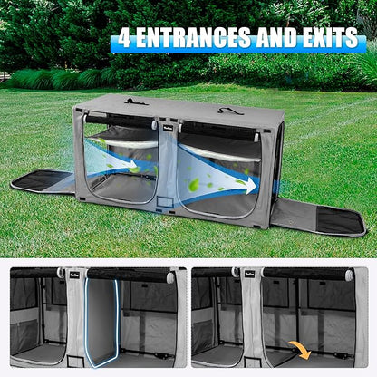 Huge Sapce Double Compartment Cat Travel Carrier with Litter Box & Homack | Cat Show Kennel Cage Crate with Mat & Water Bottle