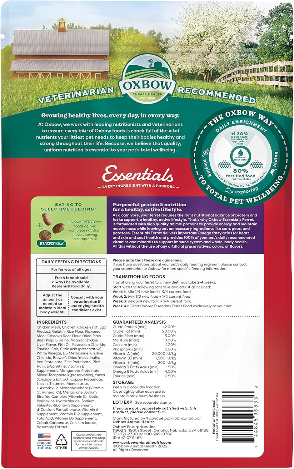 Oxbow Animal Health Oxbow Essentials Ferret Food, Vitamin & Mineral Rich Formula for Ferret, High Protein Food & High Fat, Small Animal Pet Products, Made in USA, 4 lb Bag