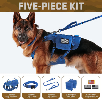 Forestpaw Tactical Dog Harness for Large Dogs,Tactical Dog Collar with Bungee Leash Set,No Pull Military Dog Harness for Walking Training,Adjustable for Medium Large Dogs,Blue,Chest 15.5-25.5"