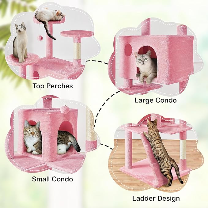 Yaheetech XL Cat Tree, 80in Multi-Level Cat Tower w/Scratching Posts, Double Condo, Perched Platforms and Dangling Balls, Pet Activity Center for Kittens Pets, Pink