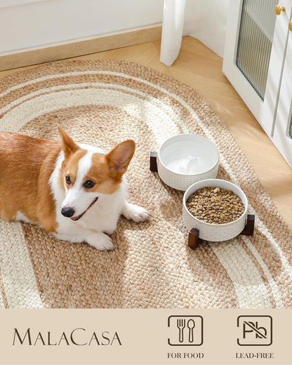 MALACASA Dog Bowl Set with Walnut Wood Stand, 3.5 Cups Ceramic Pet Bowls for Puppy Dogs, Dual Food and Water Bowls with Weighted Non-Slip Base, Basic Bowls for Your Dog or Cat, Rhombic & Polka Dots