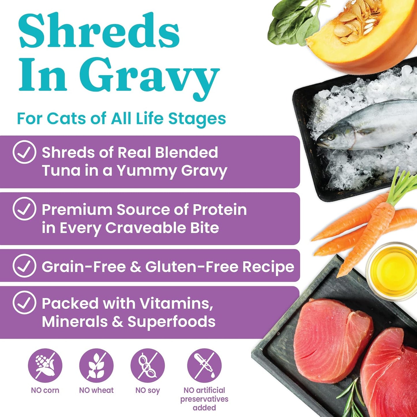 Solid Gold Five Oceans Shreds with Real Tuna in Gravy - Premium Wet Cat Food for All Life Stages, Pack of 12