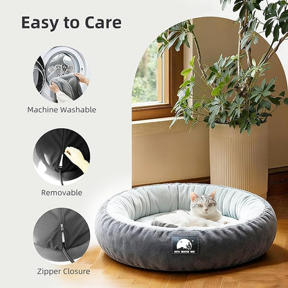 Heated Cat Bed for Small Cats, 19" Soft & Cozy Donut Pet Bed with Timer & Temp Adjustable Heating Pad for Indoor Kitten, Electric Warmer(A) (Black)