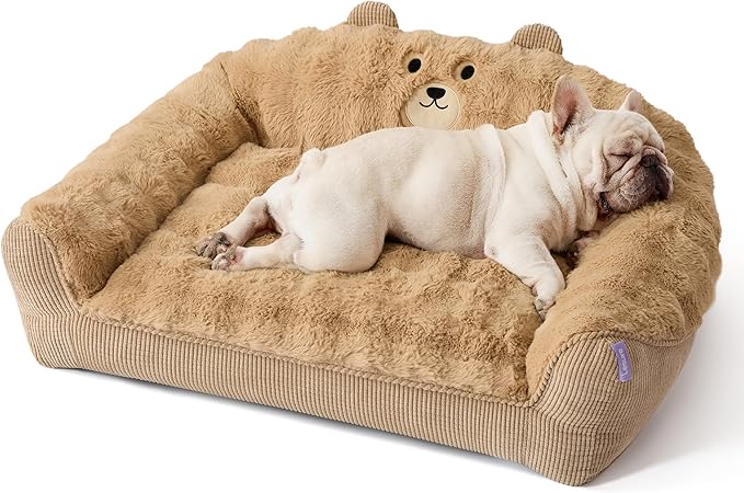 LE SURE Cute Dog Couch for Pets - Fluffy Original Bear Design Dog Beds for Medium Dogs, Pet Sofa with Washable Cover, Supportive Dogs Sofa Bed with Removable, 36inch, Almond