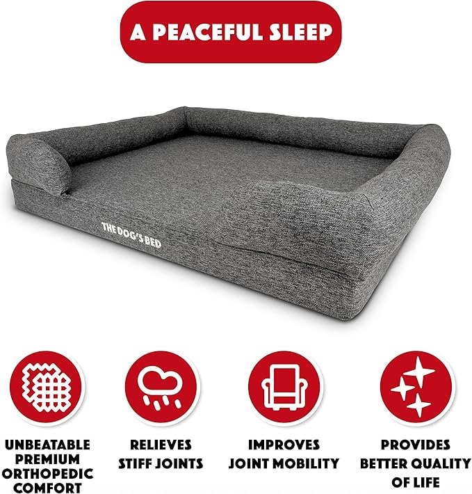 The Dog’s Bed, XL Grey Poly-Linen, Memory Foam, Pain Relief: Arthritis, Hip & Elbow Dysplasia, Post Surgery, Lameness, Supportive, Calming, Waterproof Washable Cover